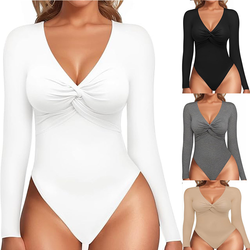 2025 Cross-Border Amazon Autumn and Winter New Women's Bodysuit Deep V Neck Twist Slim Long-Sleeved Bottoming Jumpsuit