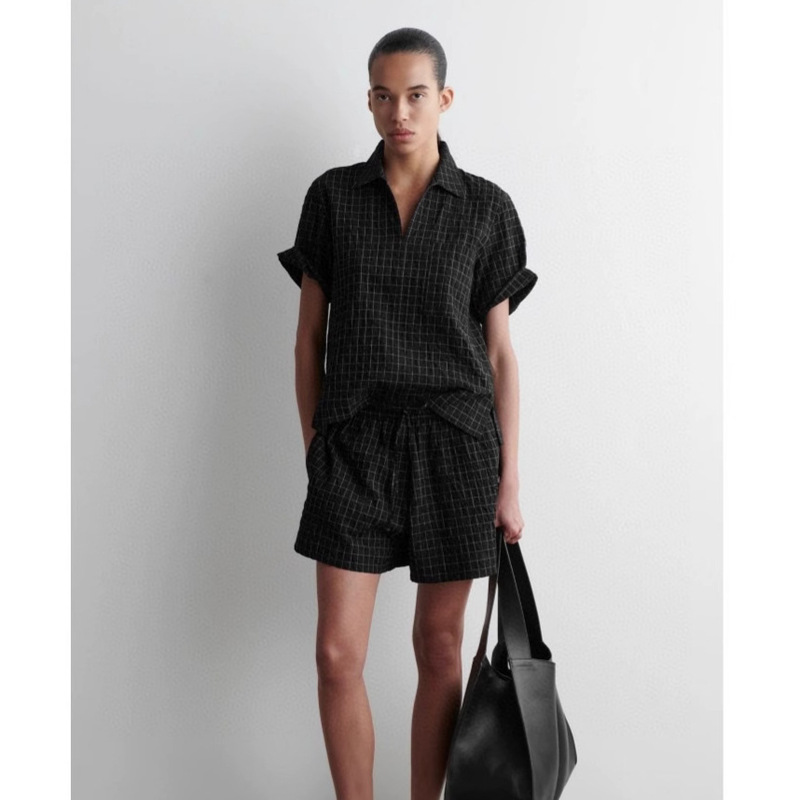 Cos Style Women's Clothing Mall Same Style Casual Fit Lapel Plaid Shirt Black 2025 Summer New Shorts