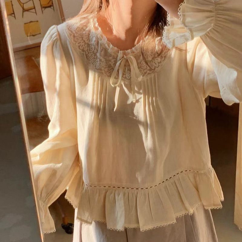 2026 Exquisite Lace Vintage Court-Style Ramie Patchwork Ruched Waist Tie Blouse Shirt
