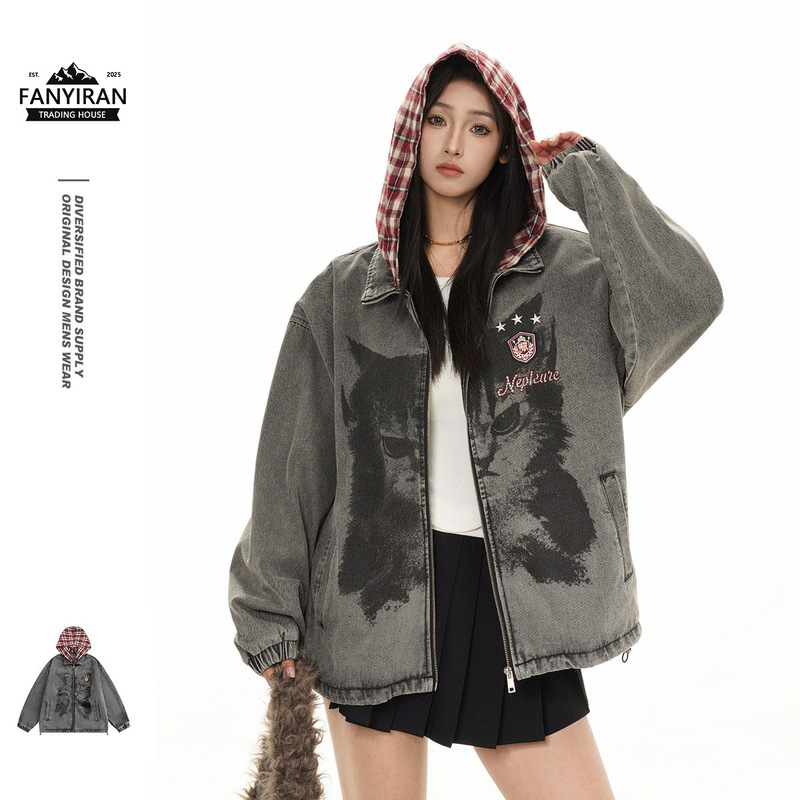 Nepleure American Trendy Brand Old Retro Hooded Denim Jacket Men's Loose Casual Trendy Brand Ck009