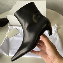 新款真皮简约小众法式瘦瘦靴小方头细跟小裸靴女猫跟短靴时髦女靴