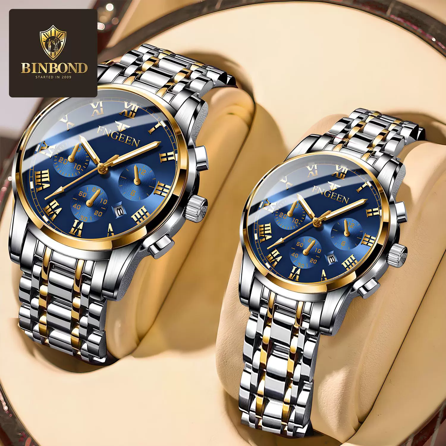 情侣表夜光日历防水韩版时尚仿三眼六针运动商务钢带手表男士腕表