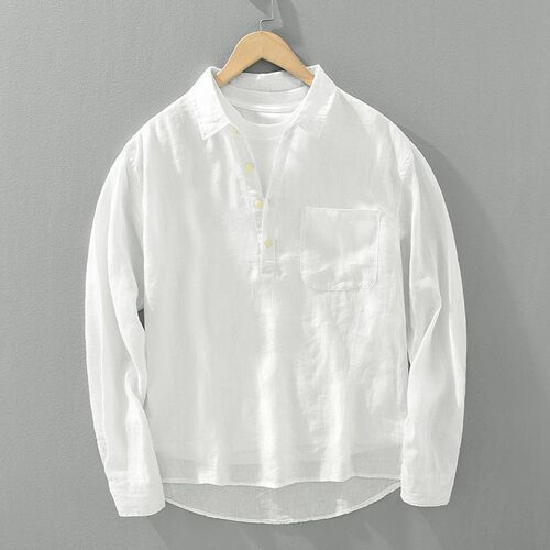 Japanese Retro Long-Sleeve Linen Shirt for Men - Summer New Loose Hoodless Square Collar Blouse Casual Cotton-Linen Top