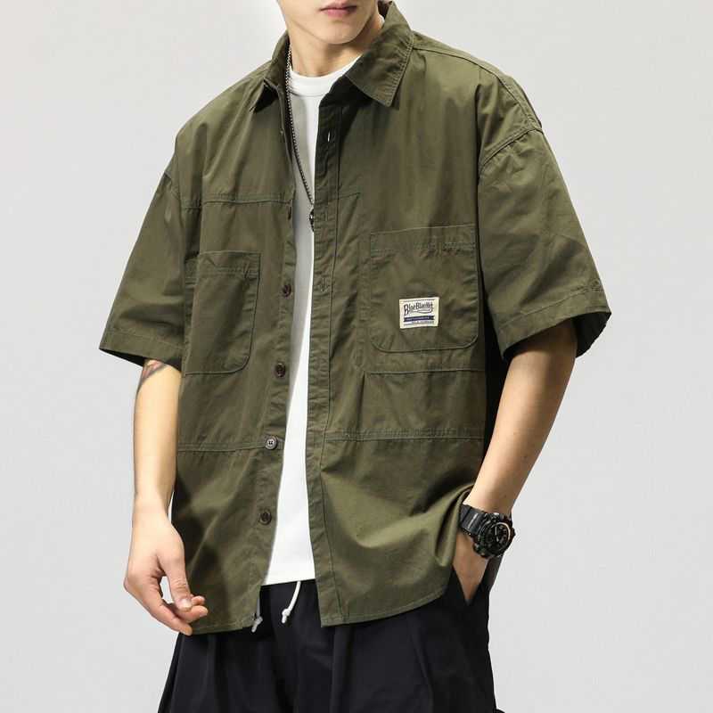 Summer Thin Military Green Cotton Short-sleeved Work Shirt Jacket Men's Japanese Style Retro Loose Half-sleeved Shirt