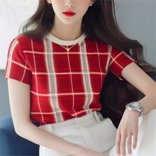 深圳南油法式高级感红色格纹短袖t恤女2024新款独特别致微胖女装