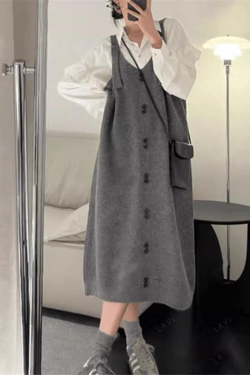 灰色针织背带裙无袖连衣裙女秋冬叠穿宽松中长款毛衣吊带裙外穿潮