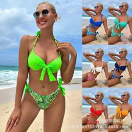 跨境硬包分体泳衣女印花挂脖系带性感欧美外贸泳装亚马逊Swimwear