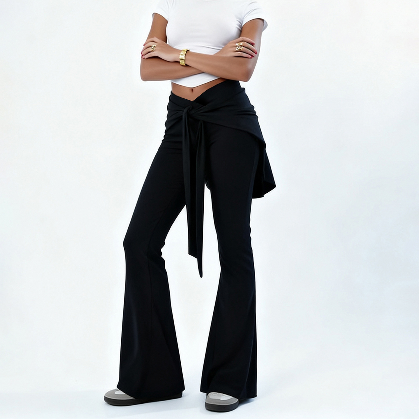 亚马逊欧美休闲普拉提运动风纯色微喇裤女低腰绑带屁帘设计感长裤