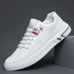 Men's Summer Mesh Leather Casual Board Shoes with Soft Breathable Insoles, Heel Lift, and White Sneakers