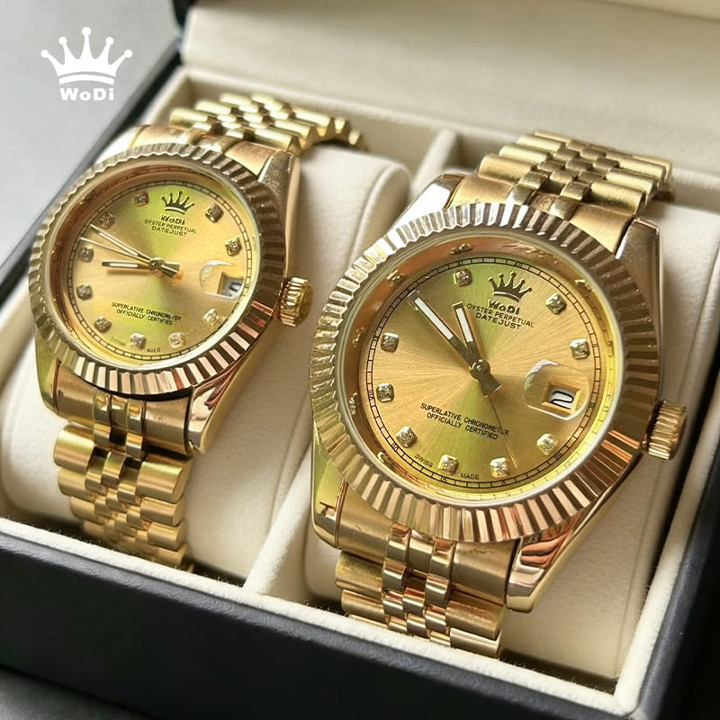 Wudi Couple Watches, a Pair of Gold-Plated Diamond-Studded Five-Yuan Steel Band Quartz Watches for Men and Women, Brand Light Luxury Wristwatches
