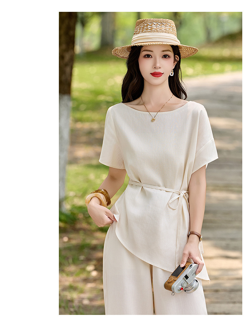 Bộ đầm suông nữ midi tay ngắn cổ tròn thắt eo — màu trắng ngà chi tiết 13