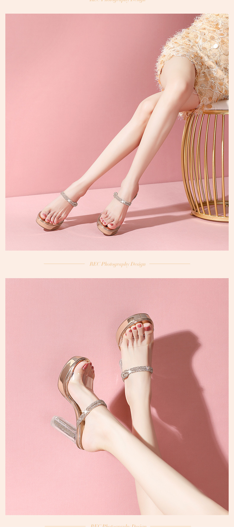 Sandal cao gót nữ gót trong suốt pha lê, quai ngang, gót 9 cm — Màu Sâm panh chi tiết 12