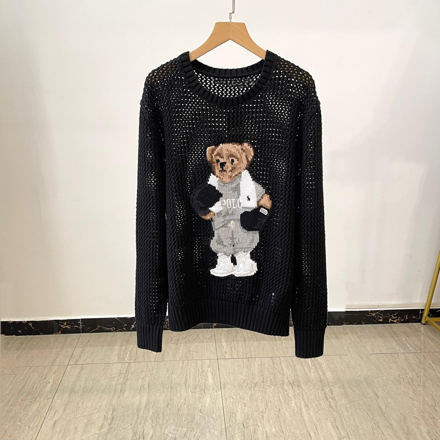 R~L 25春季新款女镂空棒球服运动卡通刺绣小熊时尚减龄百搭针织衫