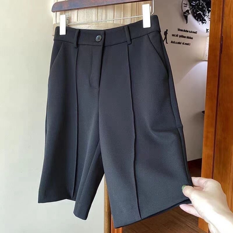 Plus Size Black Women's Summer Thin Suit Shorts for Fat Girls with Pear-Shaped Figures, High-Waisted Loose Wide-Leg Pants