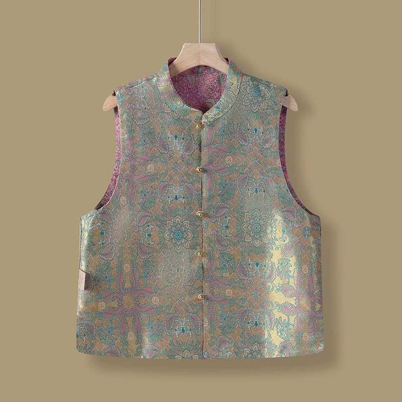 Двусторонний жилет в китайском стиле для матери, весенний ретро-жилет с воротником-стойкой на пуговицах, улучшенный костюм Тан и жилет из парчи Сун.