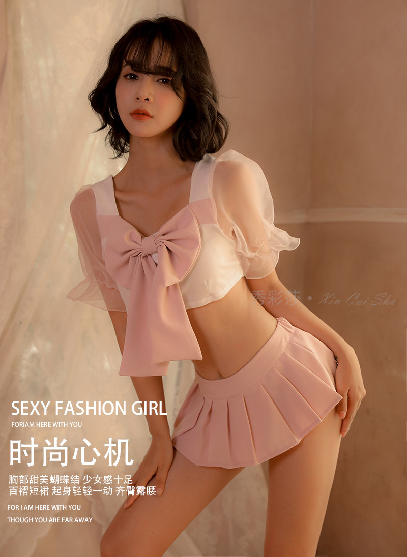 Sweet Student-Style Costume Set with Puff Sleeves and Pleated Bow Skirt, Pink One Size — detail image 8