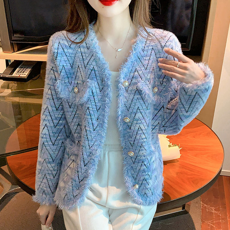 韩版流苏小香风仿水貂绒V领短外套女秋冬新款气质针织开衫上衣女|undefined