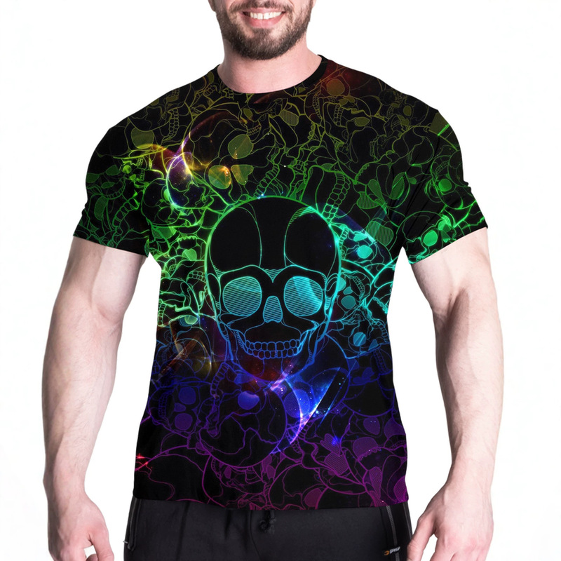 Cross-border men's round-neck short-sleeve T-shirt with colorful neon skull 3D digital print, trendy plus size Cross-border men's round-neck short-sleeve T-shirt with colorful neon skull 3D digital print, trendy plus size