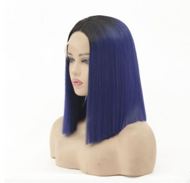 Peluca de fibra química europea y americana degradada azul oscuro hasta los hombros pelo corto liso encaje delantero peluca de fibra química casco LW0090