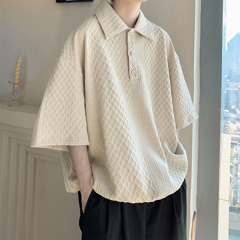 Khaki Heavy Waffle T-shirt Men's High-end Sense British Yuppie Men's Polo Shirt Short Sleeve Summer Seven-point Sleeve