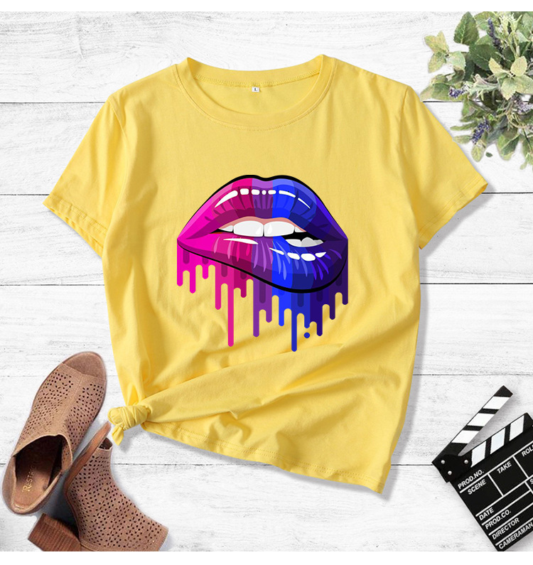 color lips graphic print casual short-sleeved T-shirt NSYIC58813