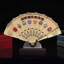 中国风特色出国外事礼品礼物京剧脸谱金扇摆件民间京剧脸谱工艺品