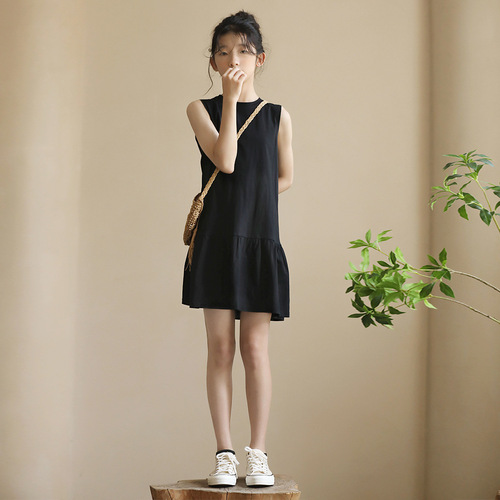Ladies and Girls' Summer 2024 New Japanese Style Loose Short Sleeve Black Knit Children's Dress Cool Cross-border