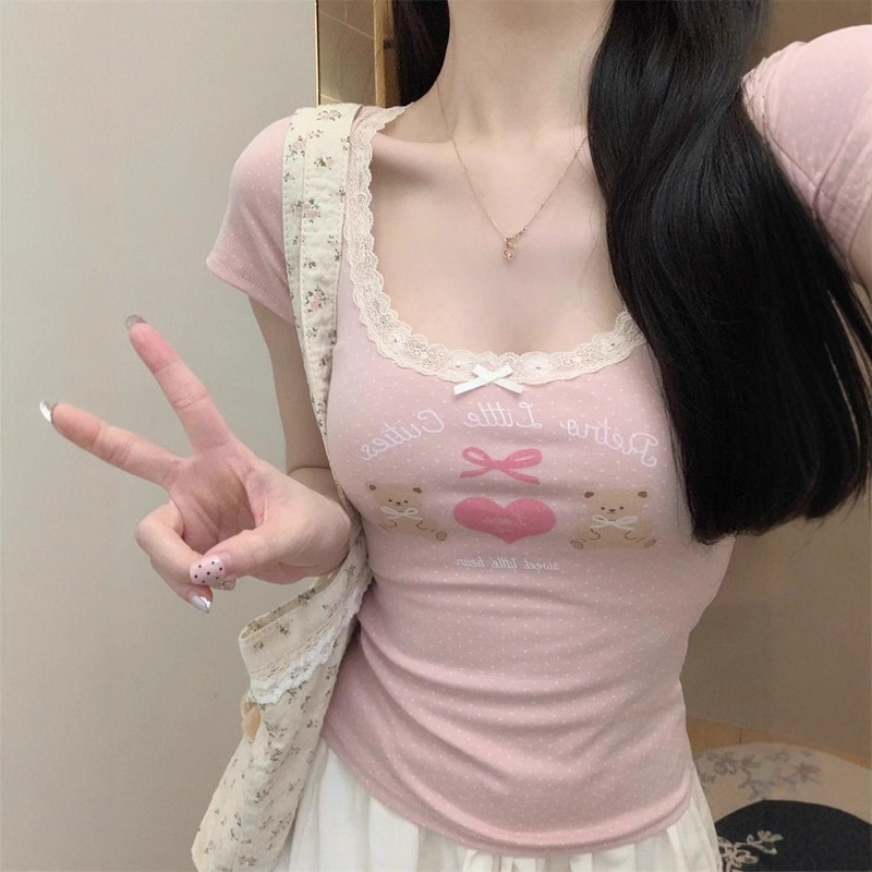 甜美蕾丝花边短袖t恤女肌理感圆领显瘦美式bm上衣纯欲系粉色上衣|undefined