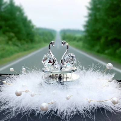 Interior Decoration Supplies Car Car | Car ornaments - solar-rotating-white-swan-fur-bead-round-pad