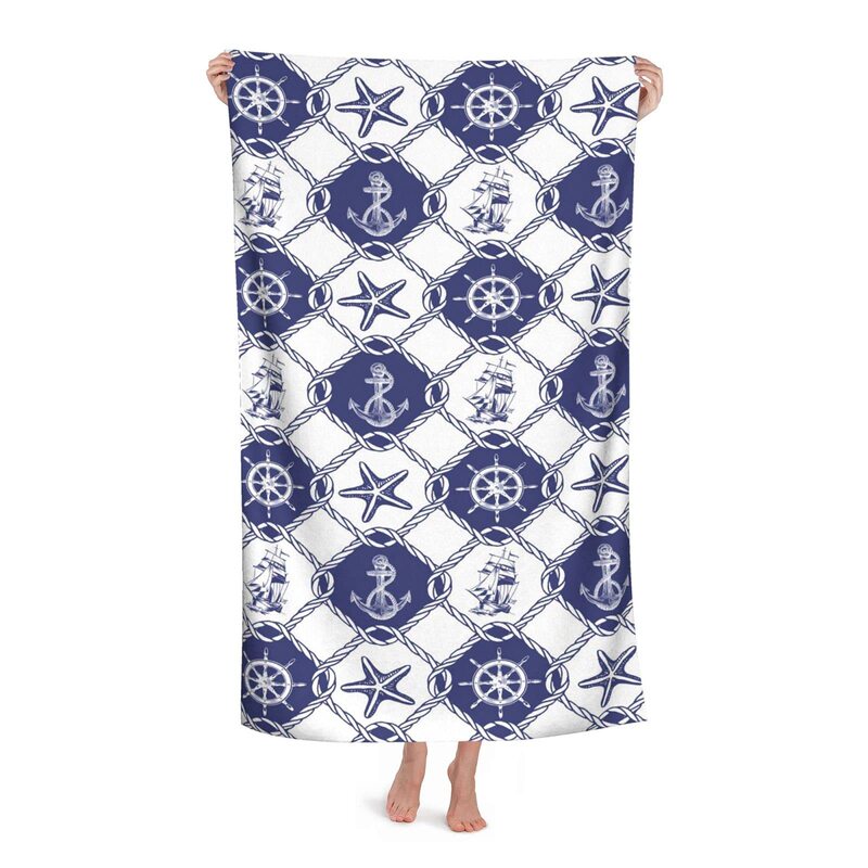 Retro Navy Blue Sailing Sea Anchor Starfish Seaside Holiday Beach Towel Swimming Bath Towel Sports Towel Factory Direct Sale