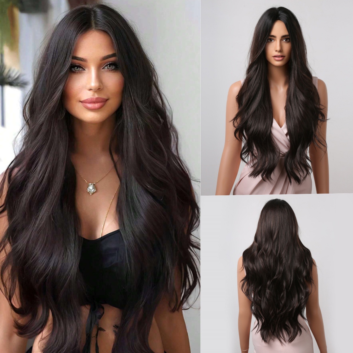 Peluca negra de las mujeres cubierta de cabeza completa natural de las mujeres Big Wave simulación de cabello rizado largo Peluca de moda de cabello humano completo