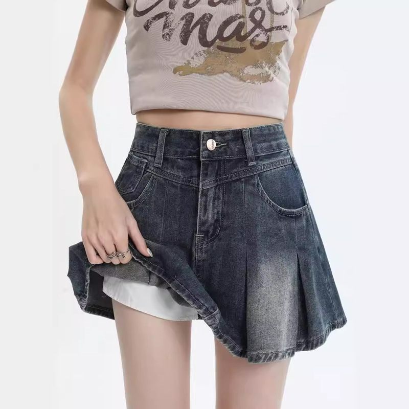 American Style Retro Denim Skirt Women's Summer 2024 New Arrival Washed A- Line Shorts Pleated Skirt Skirt