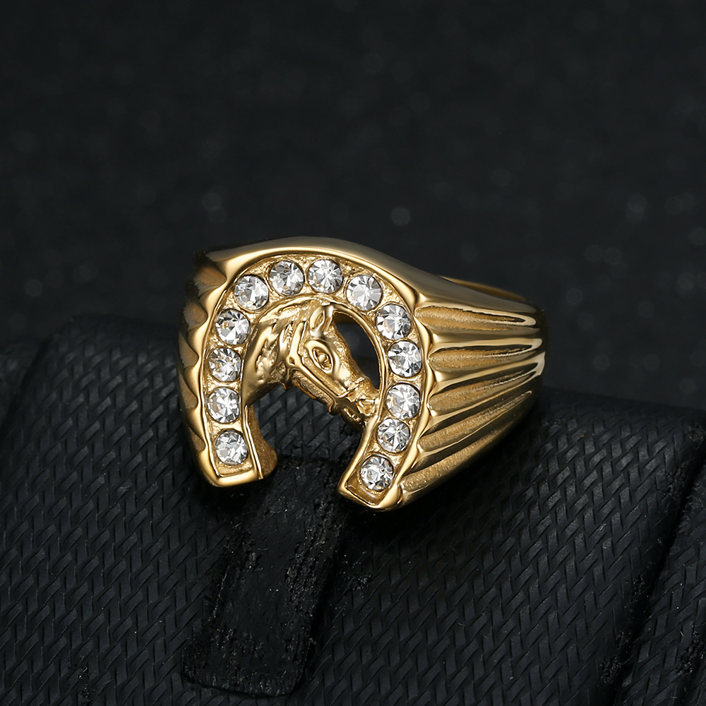 Horse Pattern Men's Gender Hip-Hop Horse Titanium Steel Plating Inlay Rhinestones 18K Gold Plated Men's Rings