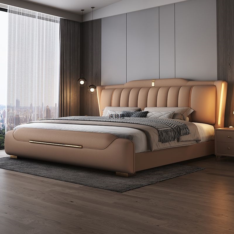 Light Luxury Leather Bed Master Bedroom 1.5m Modern Simple Double Bed Wedding Bed 1.8m High Box Storage Upholstered Leather Bed