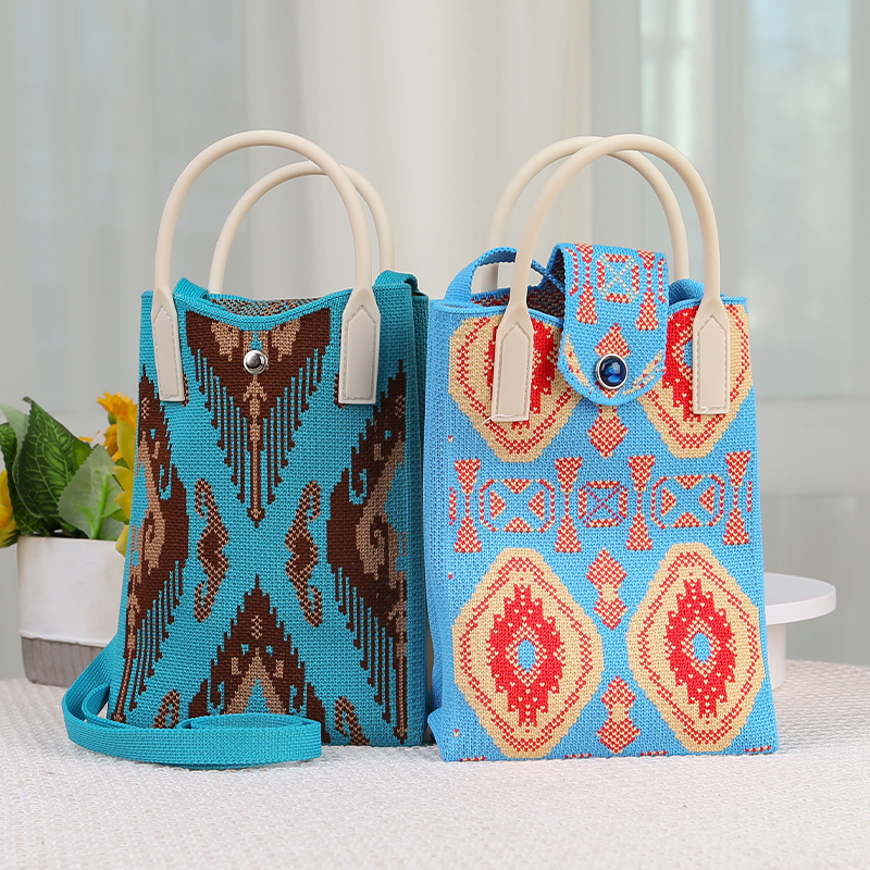Xinjiang Characteristic Mobile Phone Bag, Ethnic Style Pattern Knitted Handbag, Shopping Bag, Gift for Girls, Adelaide Bag