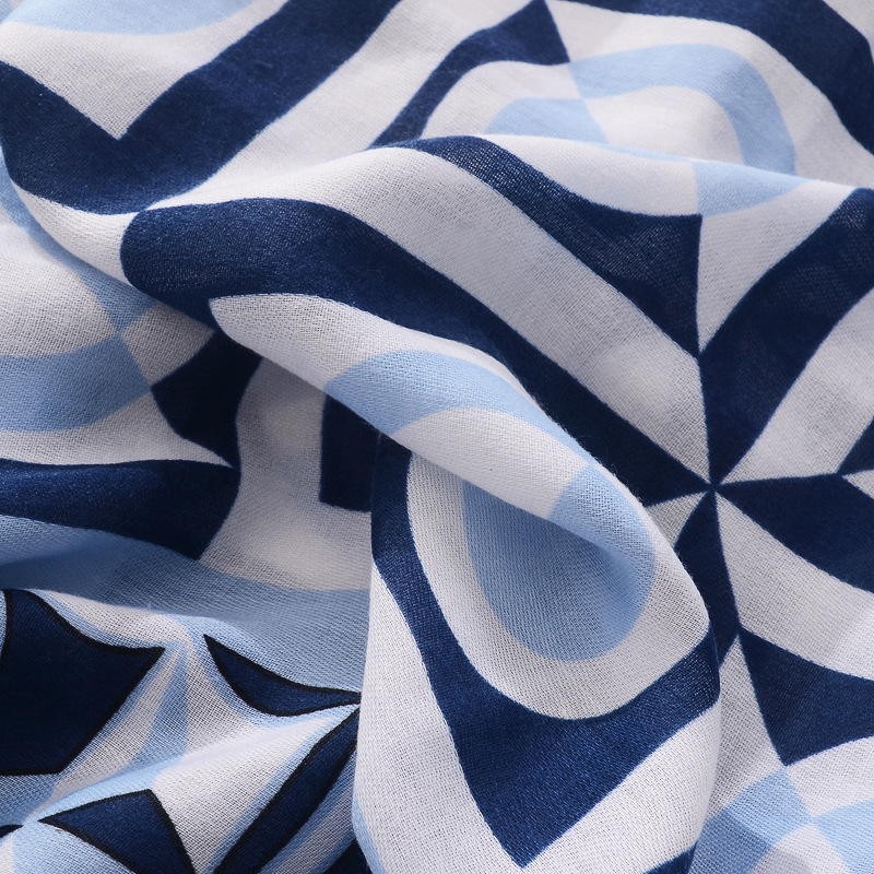 Estilo étnico retro porcelana azul y blanca pequeña bufanda de seda de patrón geométrico fresco círculo cuadrado de las mujeres impreso bufanda de algodón y lino sensación