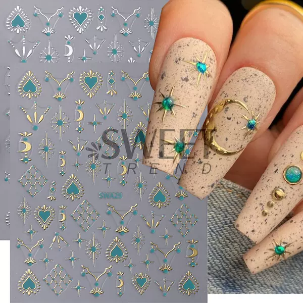 2024 Cross-border New Nail Art Stickers Ins Retro 3D Hot Stamping Silver Sun Pendant Love Lock Star Moon Nail Stickers