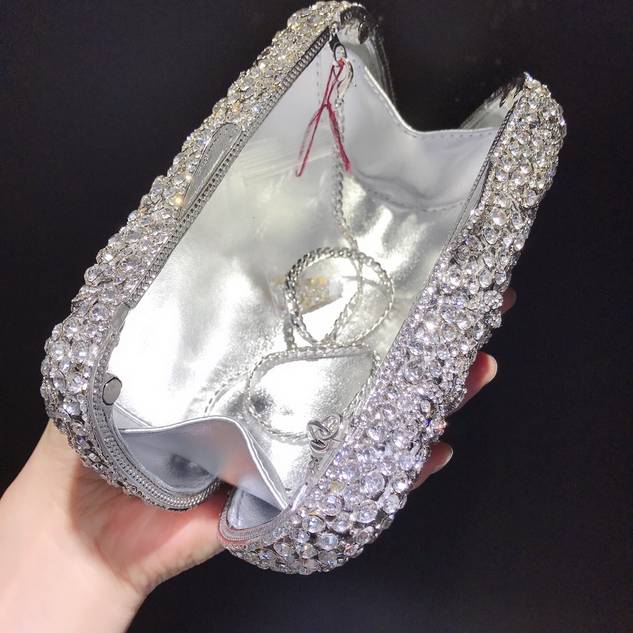 Túi clutch dạ hội hộp cứng kim loại đính đá lấp lánh — Màu xanh ngọc chi tiết 9