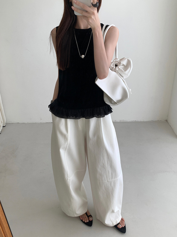 THINK 13 行韓国ラウンドネックスプライシングベルベットノースリーブベスト女性のための 25 夏ラウンドネックルーズ痩身トップ|undefined