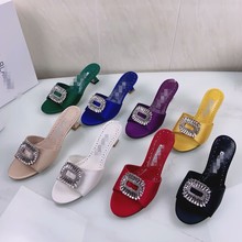 新款真皮MB水晶水钻扣高跟凉拖百搭简约女鞋high heels sandals