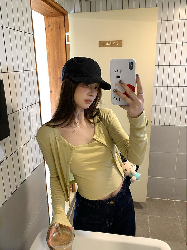 im向 韩女daily~圆领长袖短开衫针织衫+可调节吊带两件套女秋季|undefined