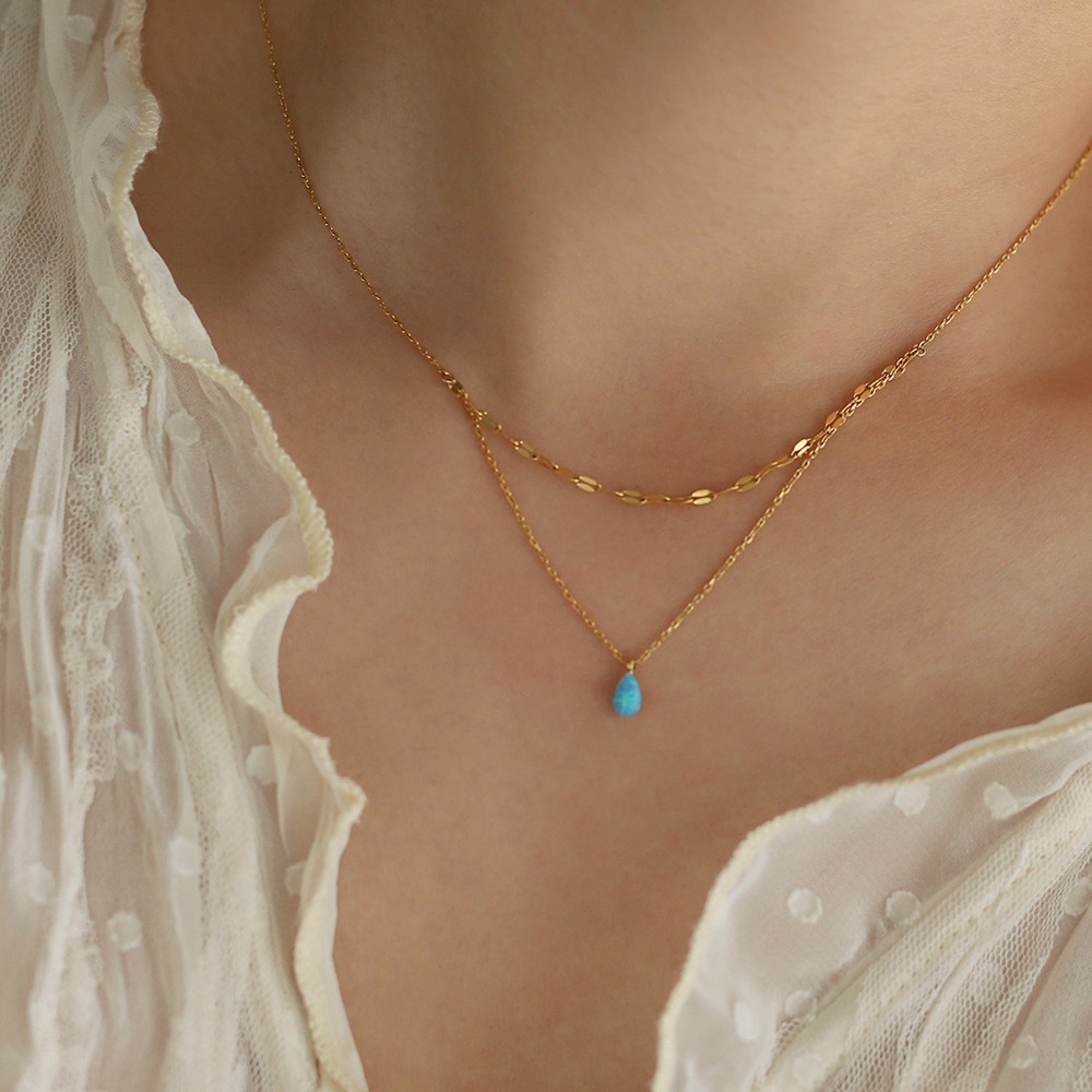 Linglang Blue Tears Water Drop Pendant Necklace 18K Gold Plated Layered Necklace Gold Chain Layering Jewelry
