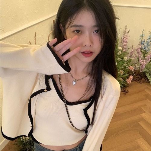 Sheer lace long sleeve knit coat women autumn design sense minority loose slimming short length outerwear top