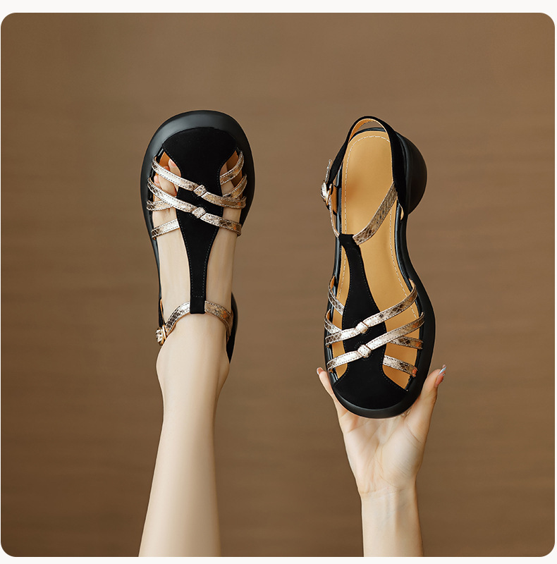 Sandal nữ da lộn quai mảnh dệt, mũi kín khóa chữ T, gót cao đế dày — Màu đen chi tiết 3