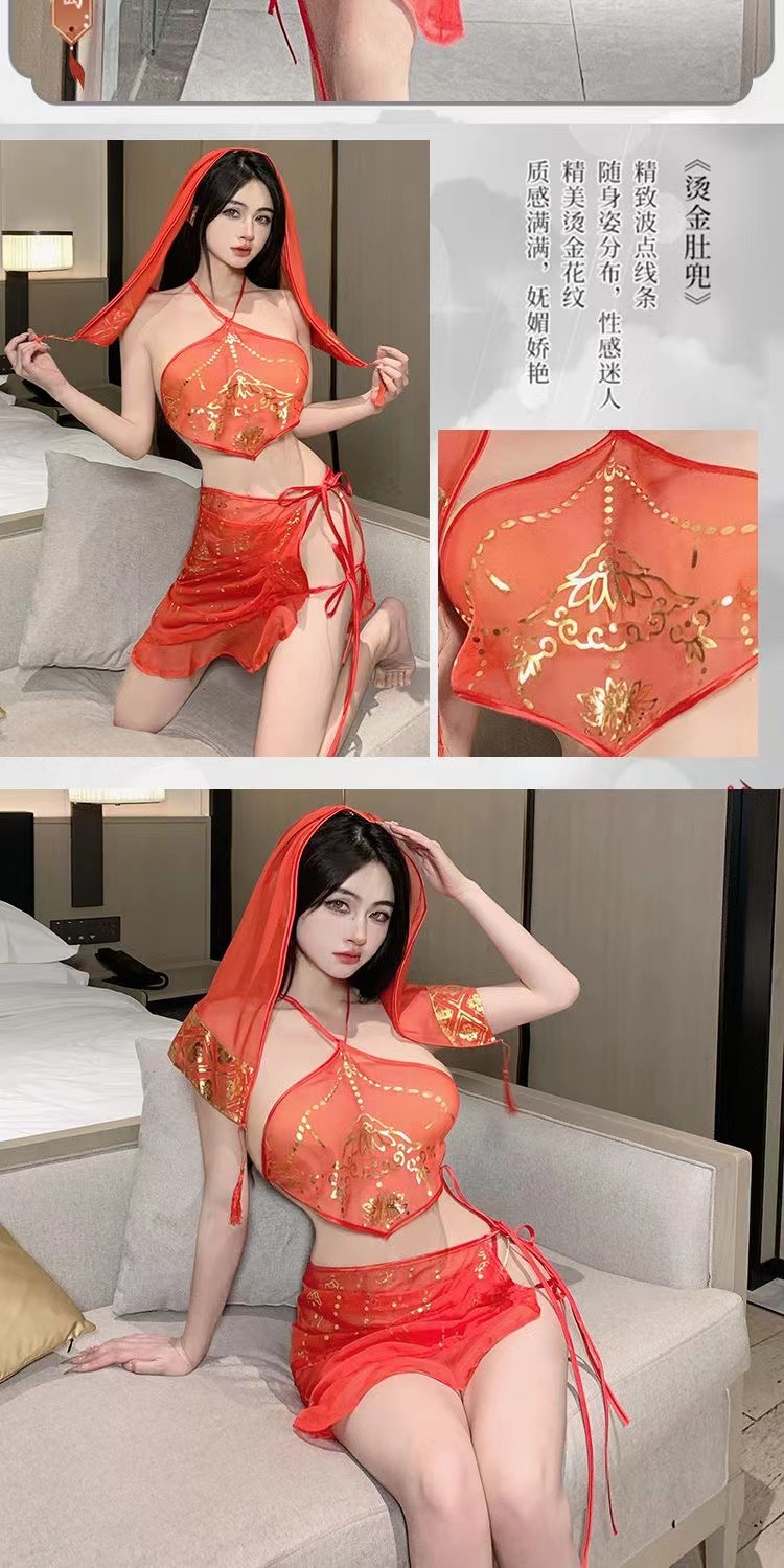 Red Hanfu Bride Costume Set with Veil, Halter Top, Skirt and Panties — detail image 6