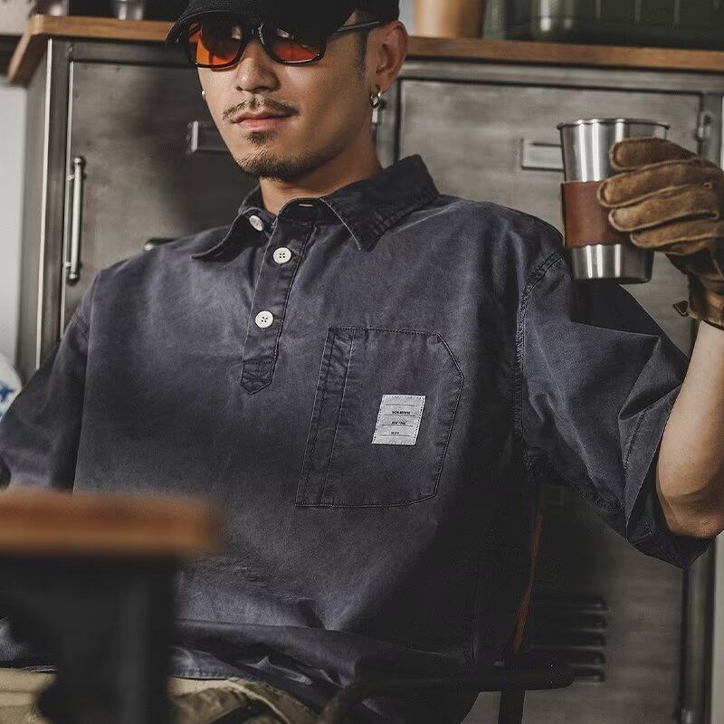 American-Style Heavyweight Vintage Washed Short-Sleeve Polo Shirt for Men, Summer Versatile Trendy Brand Silhouette Loose Japanese-Style T-Shirt for Men