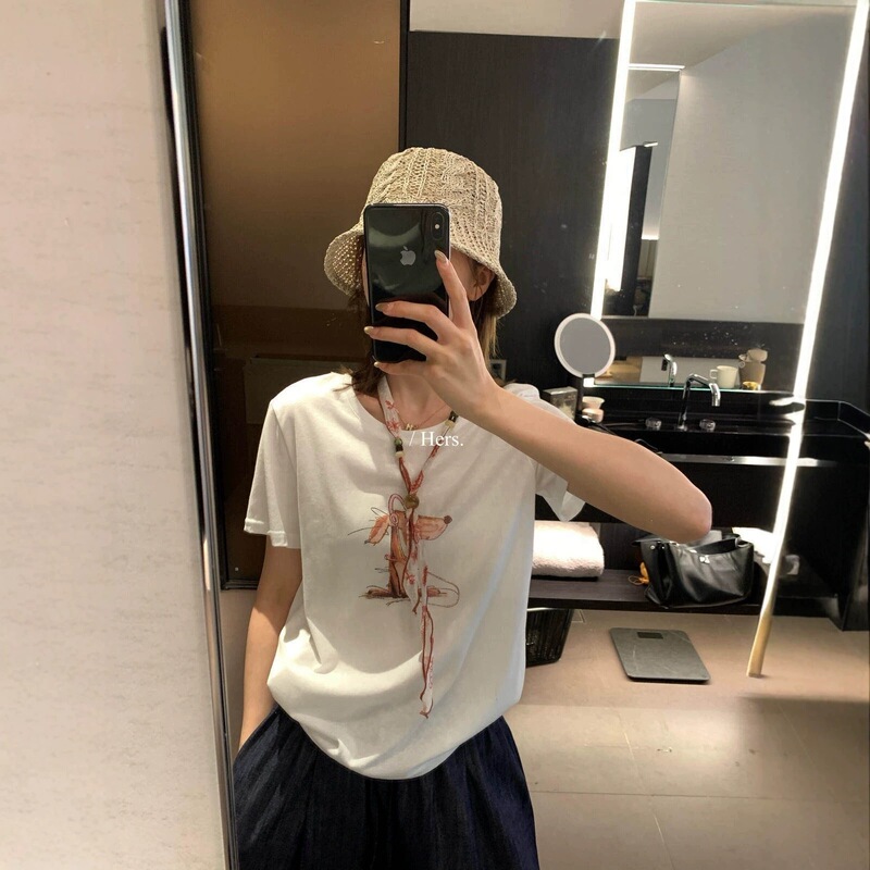 Hers Sweet Summer Fashionable Dog Pattern Print Pullover Round Neck Short Sleeve T-Shirt 80675 (with Small Silk Scarf)