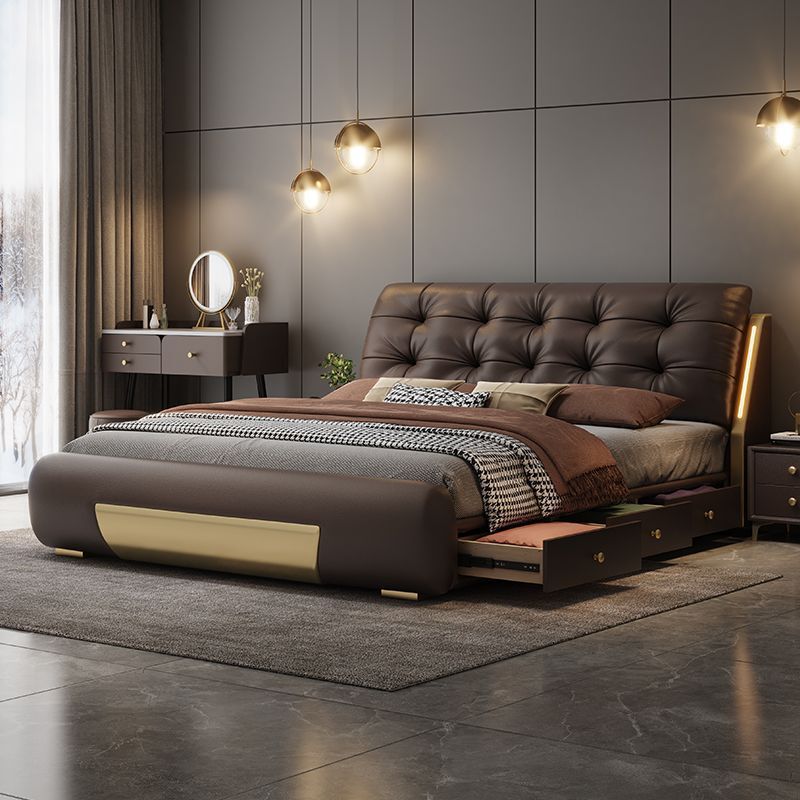 High-end Italian light luxury genuine leather new model luxury double bed for master bedroom, modern simple and elegant storage large wooden bed