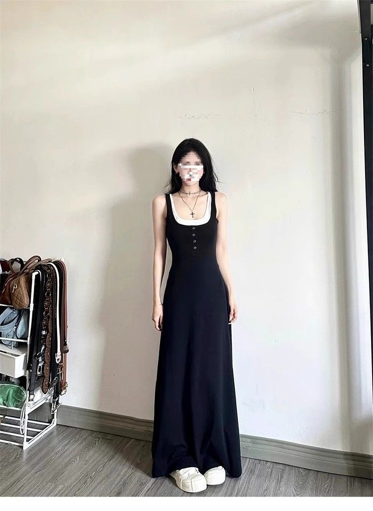 Đầm maxi nữ thắt eo dáng suông dây mảnh thiết kế kiểu Pháp — màu đen chi tiết 8