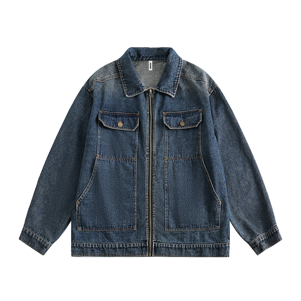 Giacca da lavoro da uomo in denim lavato stile motociclista, con risvolto e cerniera, primavera e autunno, stile American High Street_voghion.com